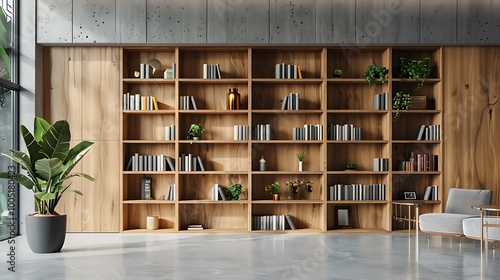 Modern wooden and concrete library office interior