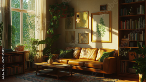 A cozy living room bathed in sunlight. A large window on the left lets in natural light, illuminating the room. A brown leather couch is positioned in the center, adorned with green cushions