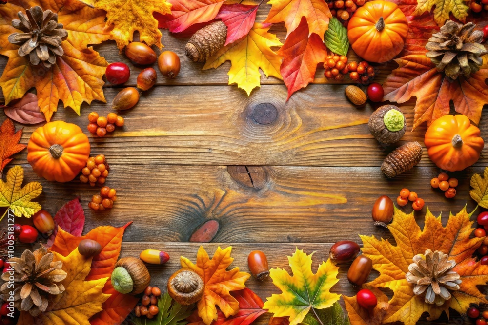 Vibrant orange and yellow leaves, acorns, and autumnal flowers adorn a ornate border, perfect for framing Thanksgiving-themed designs, invitations, and seasonal decorations.