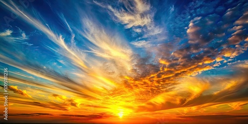 Vibrant orange and yellow hues radiate from a majestic sun, partially obscured by wispy clouds, set against a serene blue sky with subtle gradient effect. photo