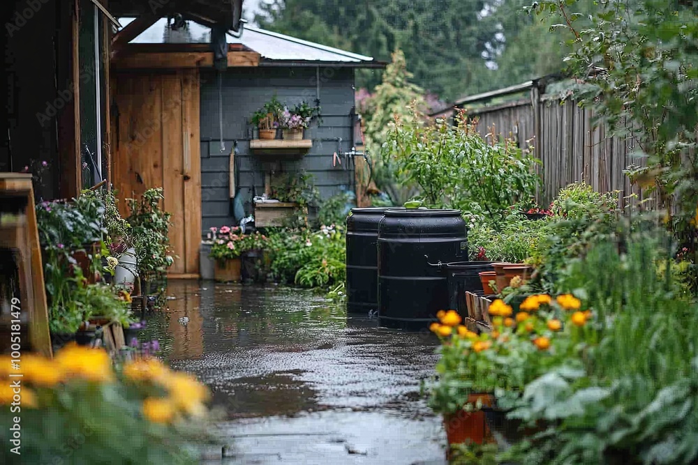 Rain-soaked garden path with colorful flowers and planters in a lush backyard during a serene afternoon. Generative AI Rain-soaked garden path with colorful flowers and planters in a lush backyard during a serene afternoon. Generative AI
