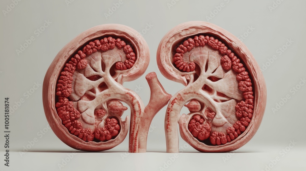 Detailed crosssectional illustration of the human kidneys showing ...