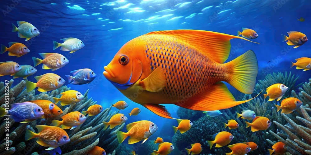 Vibrant orange angelfish with flowing fins and elaborate scales swims effortlessly through a coral reef, surrounded by schools of smaller blue and yellow fish. Vibrant orange angelfish with flowing fins and elaborate scales swims effortlessly through a coral reef, surrounded by schools of smaller blue and yellow fish.
