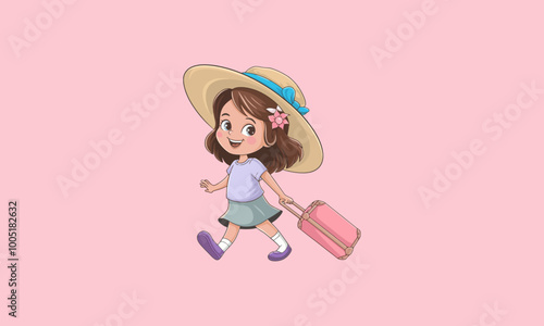 Happy girl traveling with a suitcase and sunhat.