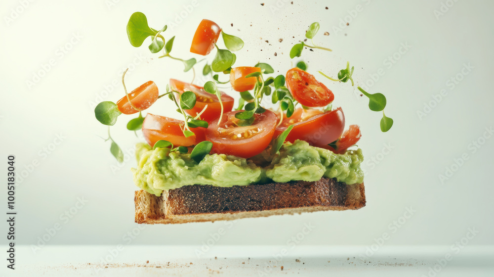 floating toast topped with creamy mashed avocado, fresh tomatoes, and vibrant microgreens creates visually appealing and healthy snack. colors and textures evoke sense of freshness and vitality floating toast topped with creamy mashed avocado, fresh tomatoes, and vibrant microgreens creates visually appealing and healthy snack. colors and textures evoke sense of freshness and vitality
