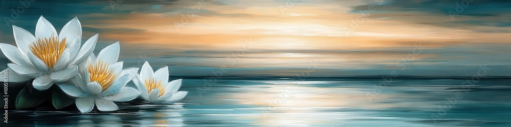 Serene Lotus Flowers and Tranquil Water Scene During Sunset: Calming Nature Landscape Art for Meditation and Relaxation Focus Serene Lotus Flowers and Tranquil Water Scene During Sunset: Calming Nature Landscape Art for Meditation and Relaxation Focus