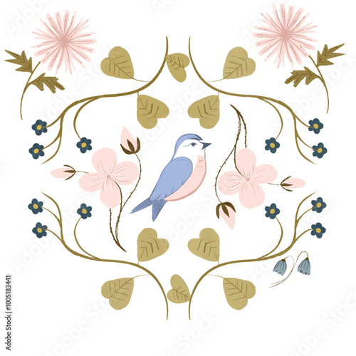 blue bird with pink flowers photo