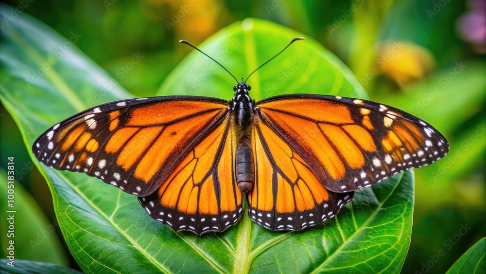 Vibrant orange monarch butterfly with delicate wings and slender body perches on a lush green leaf, showcasing its intricate veins and radiant colors in nature. Vibrant orange monarch butterfly with delicate wings and slender body perches on a lush green leaf, showcasing its intricate veins and radiant colors in nature.