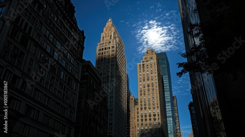 A low angle view of tall buildings in a city. The buildings are mostly in shadow with sunlight hitting one building directly, creating a contrast of light and dark.