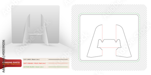 Die cut standing photo holder template for laser cutting machines, Lateral view of a chair on a white background for packaging branding, product compartment unique design, minimalist conceptual holder