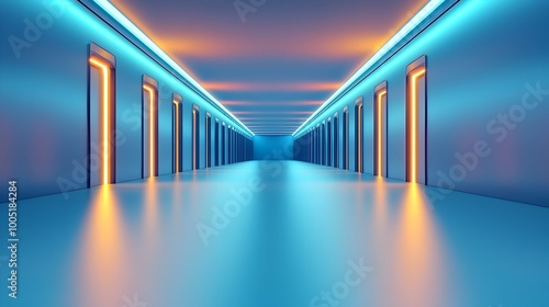 Futuristic Glowing Corridor Leading to Industrial Facility