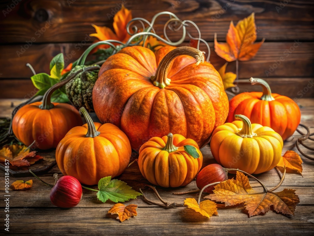 Vibrant orange pumpkins with varied shapes and sizes, adorned with curly vines and green leaves, scattered on a rustic wooden table or autumnal background. Vibrant orange pumpkins with varied shapes and sizes, adorned with curly vines and green leaves, scattered on a rustic wooden table or autumnal background.