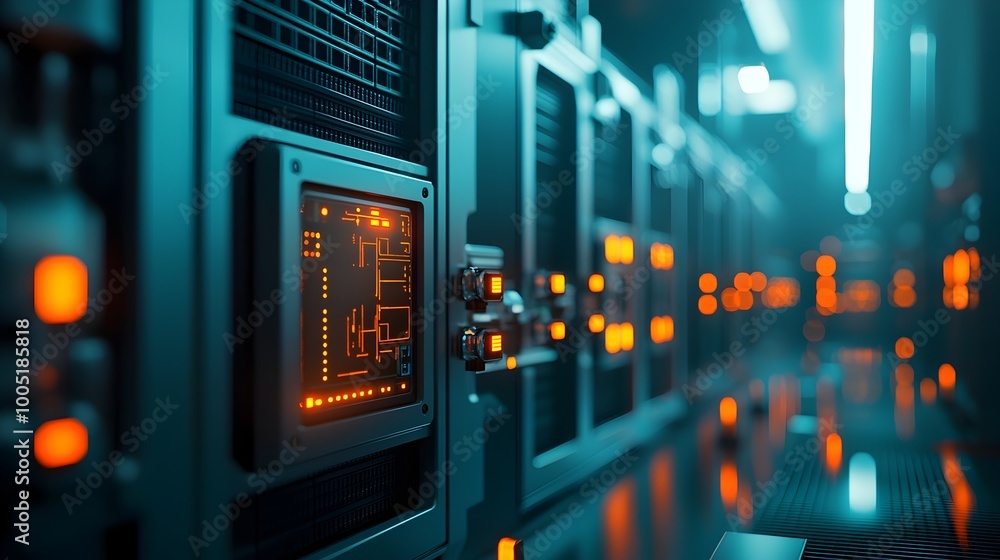 Industrial Machinery Generating Power in a Dark Futuristic Facility with Glowing Control Systems Industrial Machinery Generating Power in a Dark Futuristic Facility with Glowing Control Systems