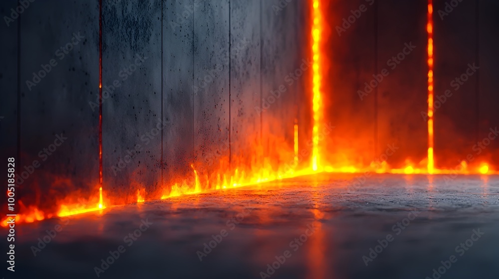 Intense Fiery Blaze Burning in Dark Industrial Space with Concrete Walls Intense Fiery Blaze Burning in Dark Industrial Space with Concrete Walls