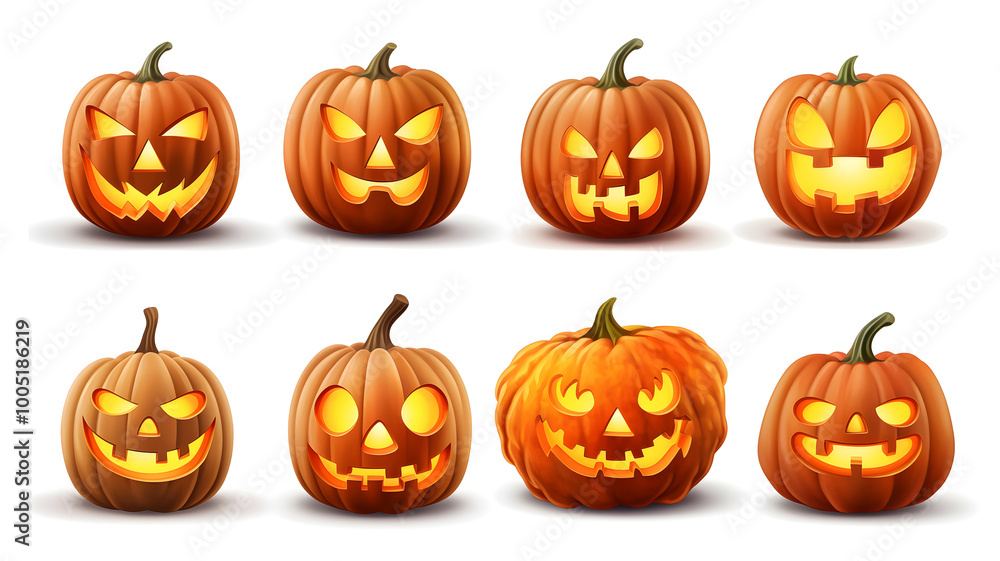 Set of scary Halloween pumpkins on light background, assorted different designs, mockup templates for artwork design, cool elements for your Halloween party invitation card, poster, banner, wallpaper. Set of scary Halloween pumpkins on light background, assorted different designs, mockup templates for artwork design, cool elements for your Halloween party invitation card, poster, banner, wallpaper.