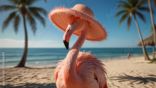 Flamingos on the beach with palm trees all around In Summer Time photo