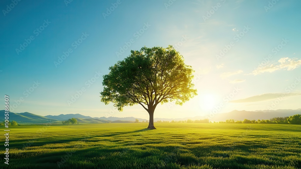Fototapeta premium Tall green tree casting a shadow over a sunlit meadow, emphasizing the contrast between structured growth and the wildness of open fields