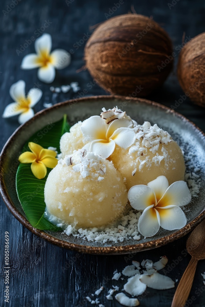 Coconut flakes in wooden bowl closeup view Coconut flakes in wooden bowl closeup view