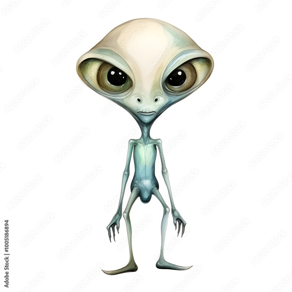 Fototapeta premium Surreal Digital of an Extraterrestrial Humanoid Figure with Large Black Eyes on White Background