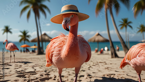 Flamingos on the beach with palm trees all around In Summer Time photo