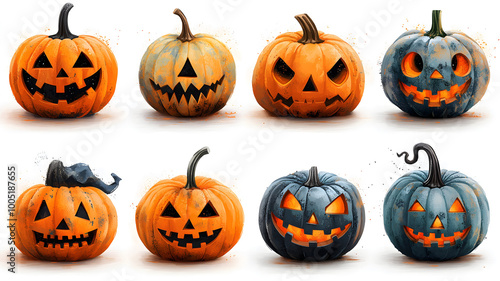 Set of scary Halloween pumpkins on light background, assorted different designs, mockup templates for artwork design, cool elements for your Halloween party invitation card, poster, banner, wallpaper.