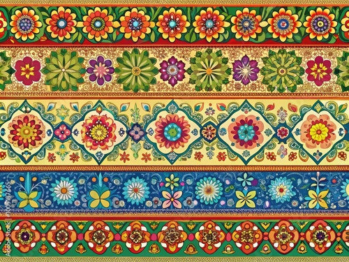 Vibrant, ornate, and intricately designed borders featuring floral patterns, geometric shapes, and abstract elements in various colors and styles for creative projects and designs.