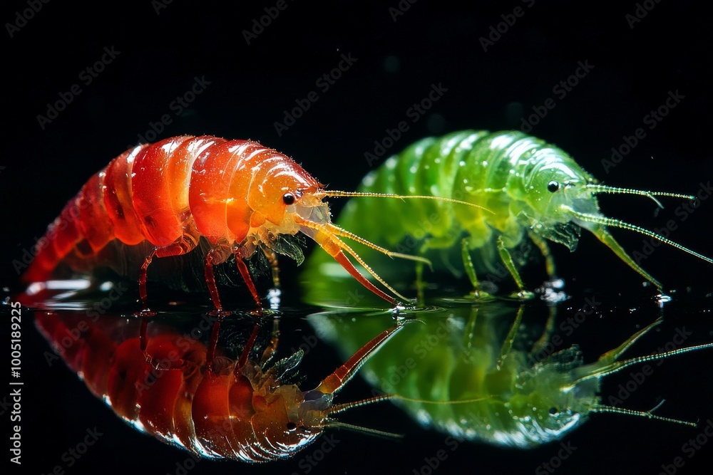 Mystic portrait of Amphipods, copy space on right side, Close-up View, isolated on black background Mystic portrait of Amphipods, copy space on right side, Close-up View, isolated on black background