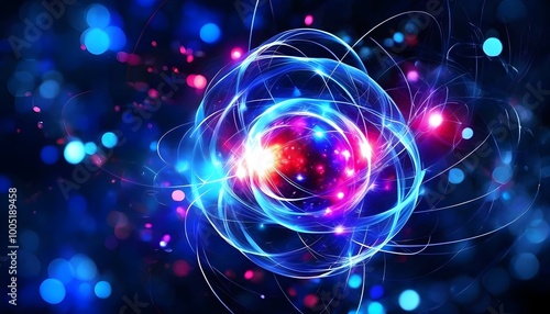 Dynamic atomic structure illustration with vibrant colors and swirling energy around a luminous orb