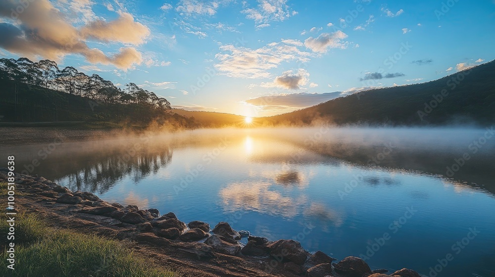 Fototapeta premium Serene Sunrise Over Calm Lake with Misty Reflections
