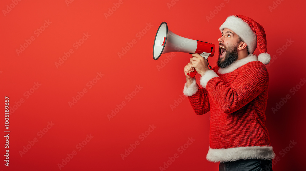 Santa Claus Man Shouting with Megaphone on Red Background for Christmas Announcement Santa Claus Man Shouting with Megaphone on Red Background for Christmas Announcement