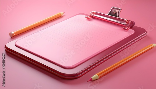 A pink clipboard with a shiny clip and two yellow pencils, set against a soft pink background, creating a vibrant and playful stationery scene. photo