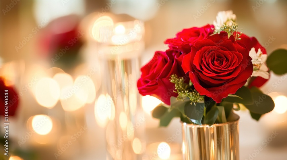 Red Roses in Golden Vase with Bokeh Lights Red Roses in Golden Vase with Bokeh Lights