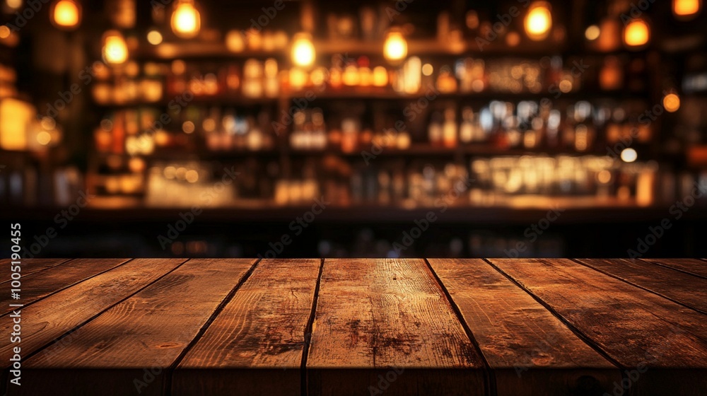 Rustic wooden bar counter in foreground, blurred warm-lit shelves of liquor bottles behind, creating inviting ambiance in cozy pub or restaurant setting. Rustic wooden bar counter in foreground, blurred warm-lit shelves of liquor bottles behind, creating inviting ambiance in cozy pub or restaurant setting.