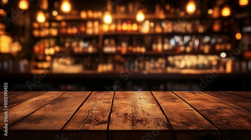 Rustic wooden bar counter in foreground, blurred warm-lit shelves of liquor bottles behind, creating inviting ambiance in cozy pub or restaurant setting.