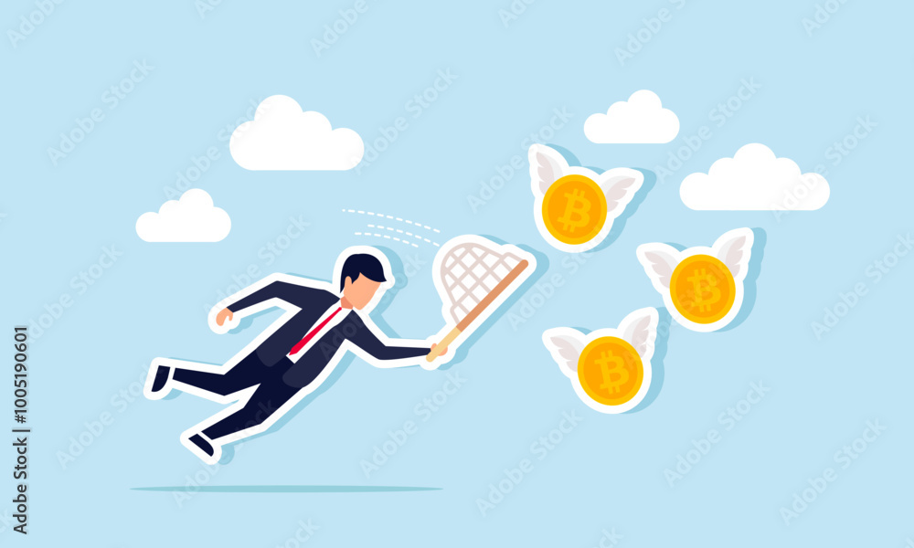 A businessman with a net is trying to catch a group of flying bitcoins with wings, an illustration of the act of buying or collecting bitcoin assets. A businessman with a net is trying to catch a group of flying bitcoins with wings, an illustration of the act of buying or collecting bitcoin assets.