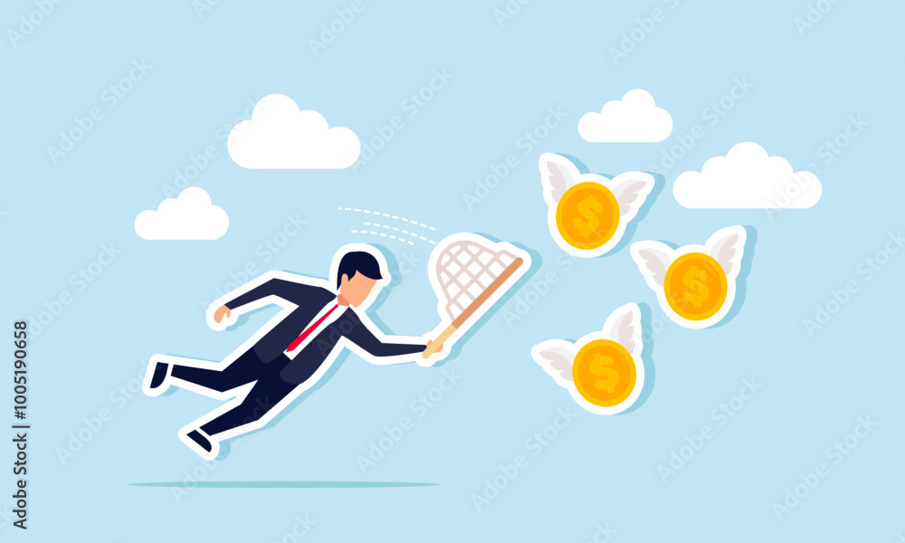 A businessman with a net is trying to catch a group of flying dollar coins with wings, an illustration of the act of collecting dollar assets. A businessman with a net is trying to catch a group of flying dollar coins with wings, an illustration of the act of collecting dollar assets.