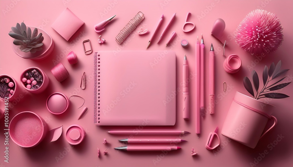 A flat lay of various pink stationery and decorative items, featuring pens, a notebook, plants, and accessories on a pink background. A flat lay of various pink stationery and decorative items, featuring pens, a notebook, plants, and accessories on a pink background.