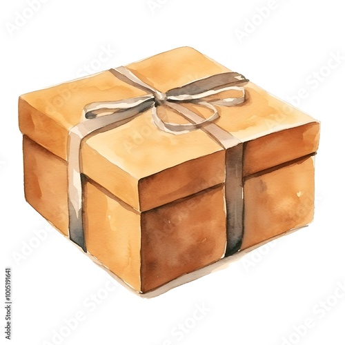 Watercolor of Sealed Brown Cardboard Parcel Box on White Background