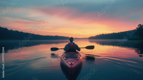 Fototapeta Naklejka Na Ścianę i Meble -  A man kayaking in water at sunset