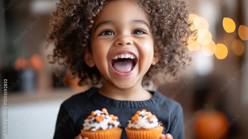 Naklejka premium Joyful child with curly hair laughs excitedly while holding two festive Halloween cupcakes decorated with orange frosting and sprinkles, capturing pure delight.
