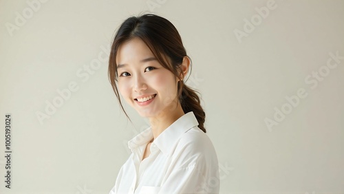 Smiling Japanese Asian Woman in White Shirt - Friendly Portrait