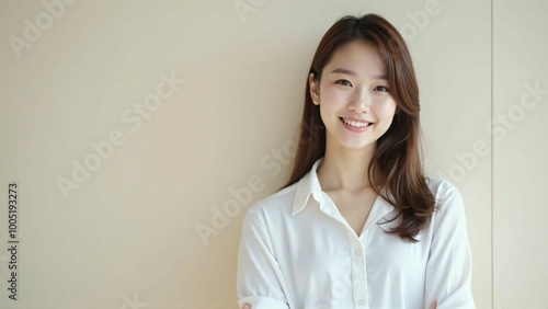 Smiling Japanese Asian Woman in White Shirt - Friendly Portrait