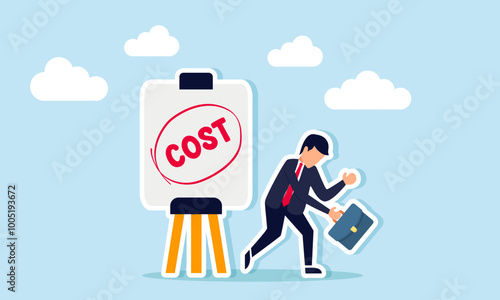 A businessman with a dejected look stands beside a sign that reads "COST," an illustration of the high business costs resulting from calculation.