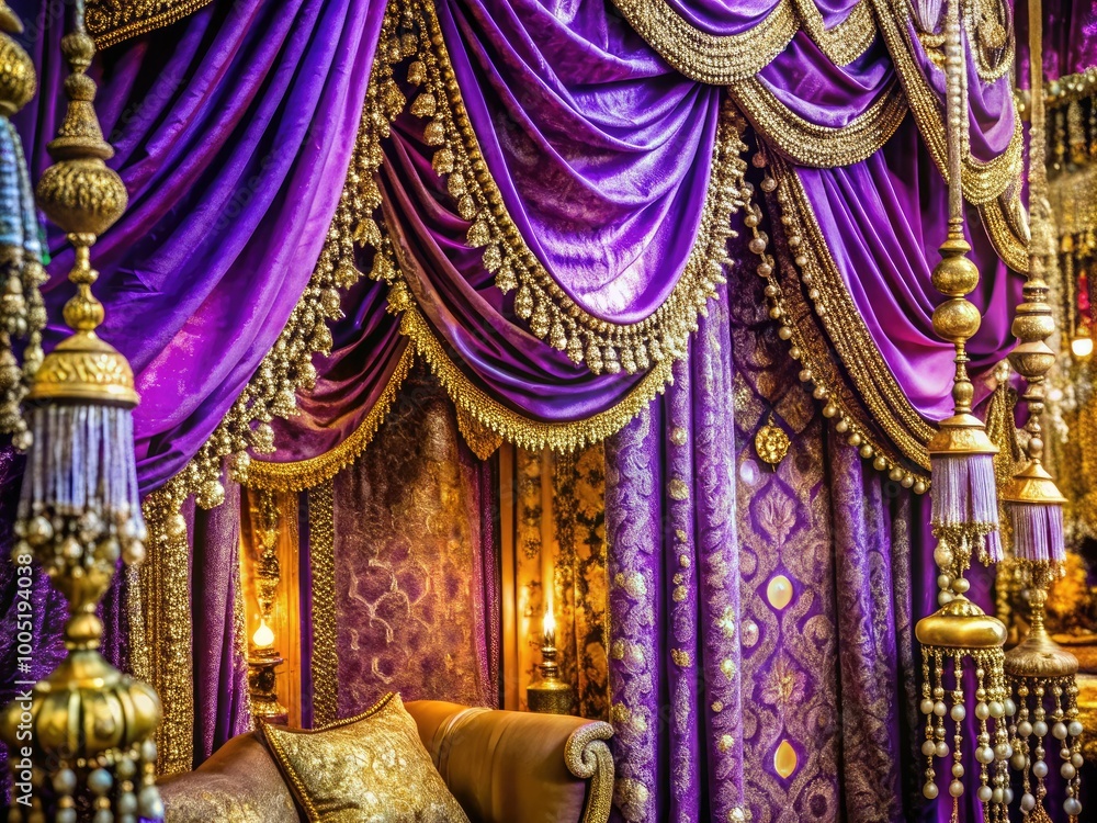 Fototapeta premium Vibrant purple and gold ornate fabric drapes with intricate patterns and beads create a lavish and opulent atmosphere in an exotic themed setting.