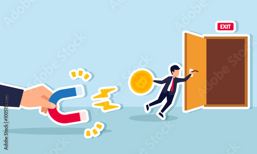 A businessman clings to a door, trying to protect his bitcoin from the pull of a magnet, an illustration of the effort to safeguard bitcoin assets.