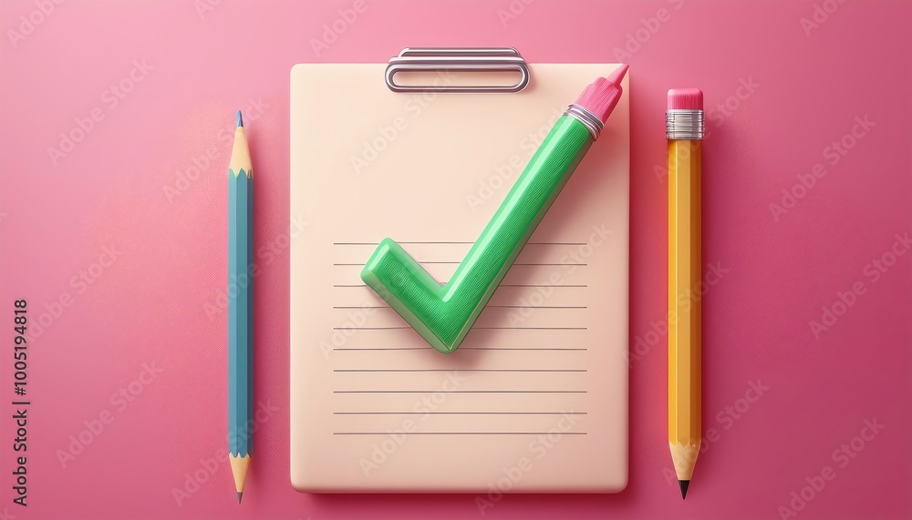 A clipboard with a checklist, a green highlighter, and colored pencils on a pink background, creating a vibrant and organized workspace vibe. A clipboard with a checklist, a green highlighter, and colored pencils on a pink background, creating a vibrant and organized workspace vibe.