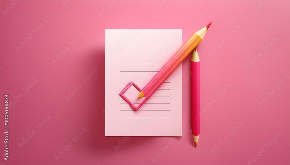 A vibrant pink workspace featuring a checklist notepad, a checkbox symbol, and colored pencils, promoting productivity and creativity. A vibrant pink workspace featuring a checklist notepad, a checkbox symbol, and colored pencils, promoting productivity and creativity.