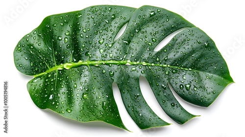 Green Leaf with Dew Drops Isolated on White Background, Nature-Inspired Freshness