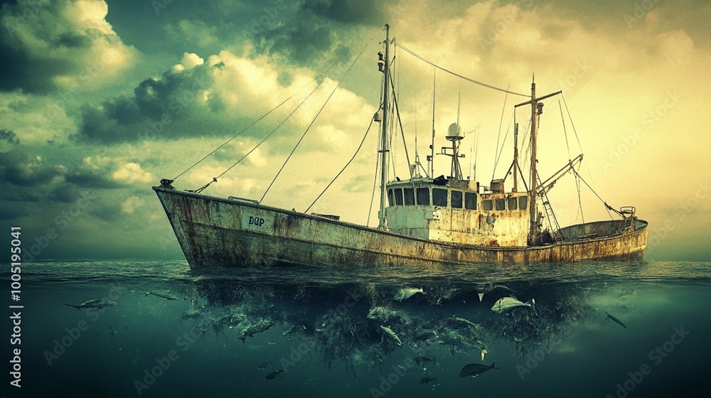 Weathered Fishing Boat on Calm Water at Dusk Weathered Fishing Boat on Calm Water at Dusk