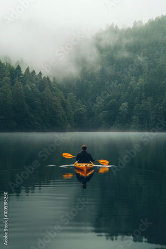 A man kayaking in still lake water with forest and fog photo